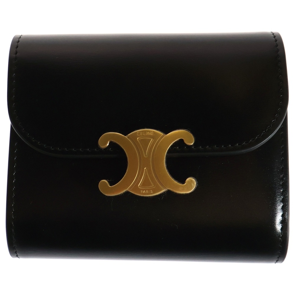 トリオンフ ロゴプレート スモールフラップ レザー コンパクトウォレット 三つ折り財布 ゴールド金具 ブラック Sランク