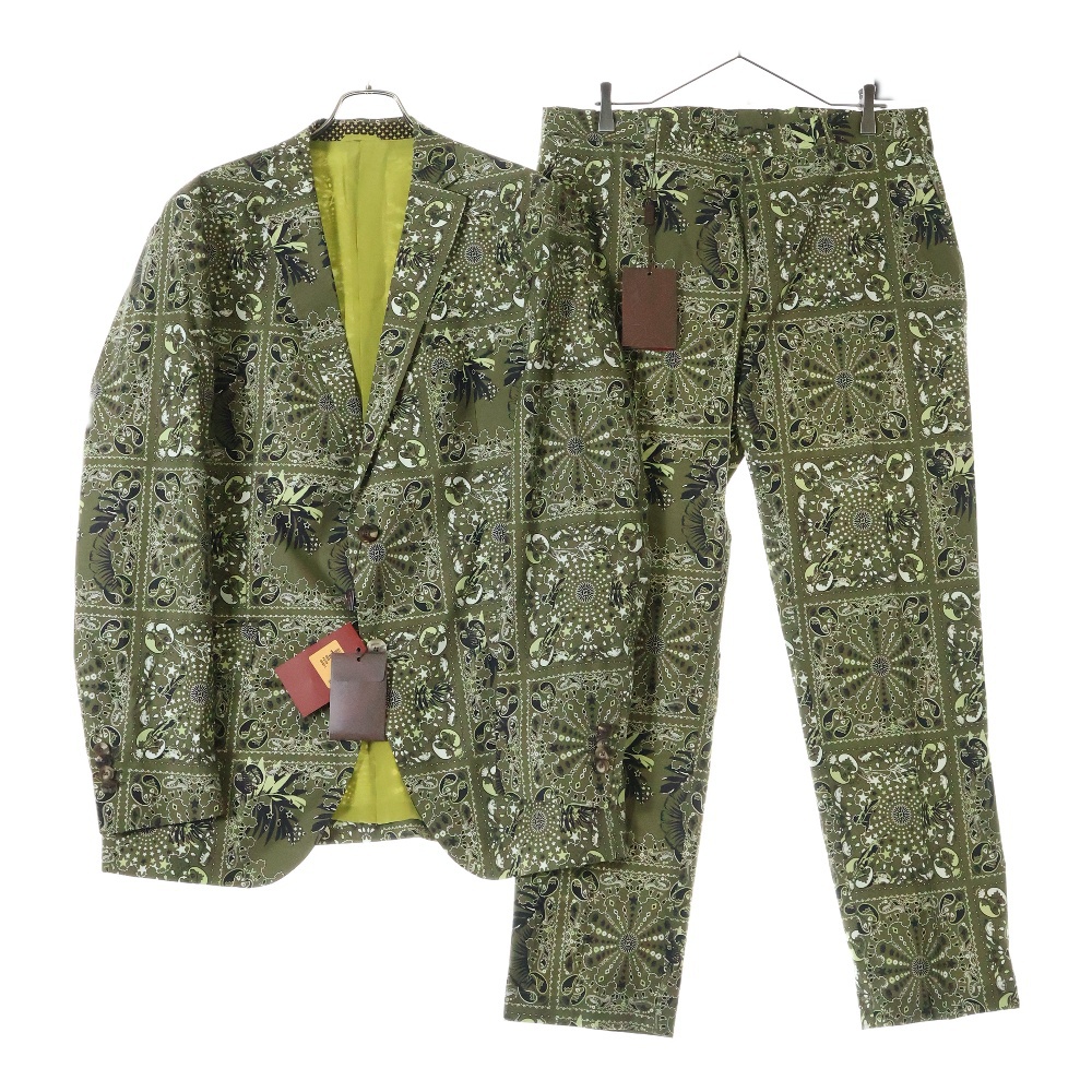 セットアップスーツ カメレオン ペイズリー総柄 2B テーラードジャケット ノータック スラックスパンツ カーキ/グリーン 1J820 Aランク