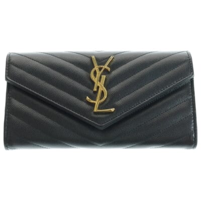 YSLロゴ Vステッチ レザー ロングウォレット 長財布 ブラック GUE372264 Bランク