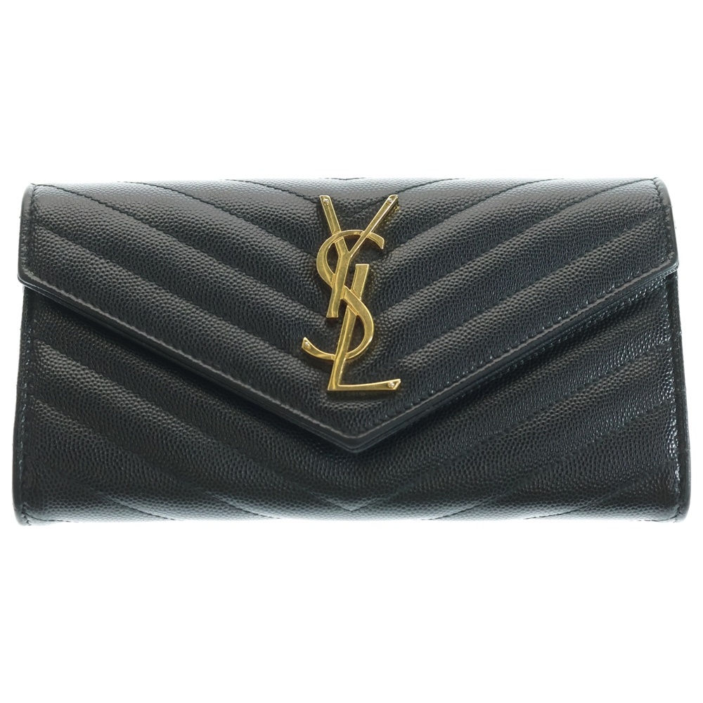 YSLロゴ Vステッチ レザー ロングウォレット 長財布 ブラック GUE372264 Bランク