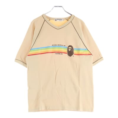 APE SHALL NEVER KILL APE レインボーライン Vネック半袖Tシャツカットソー ベージュ Bランク