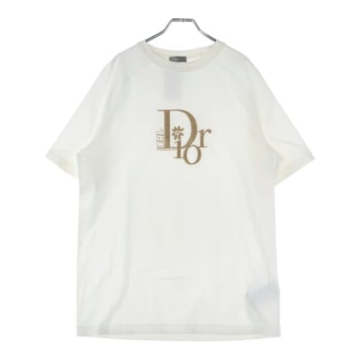 23SS ×ERL イーアールエル ダメージ加工 ロゴ刺繍 スラブコットンジャージー 半袖Tシャツ カットソー ホワイト 313J647A0817 Cランク