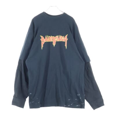 22AW メタルロゴ シャツレイヤード クルーネック半袖Tシャツ カットソー ブラック 698631 TMV88 Bランク