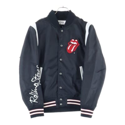 THEROLLINGSTONES/B-TRS RIB BLOUSON ローリングストーンズ 胸ロゴ刺?レザー切替ブルゾンジャケット ブラック Bランク
