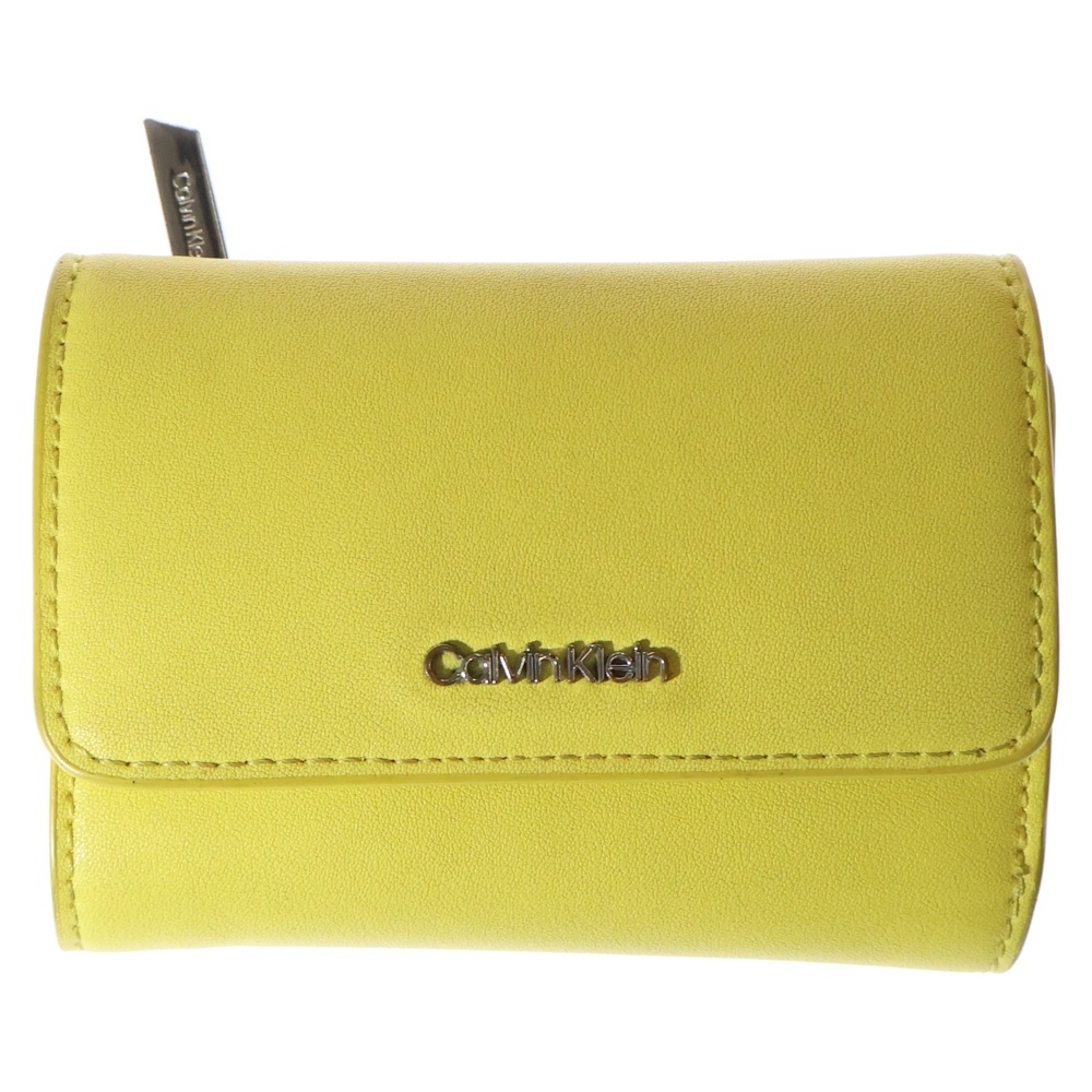 ロゴプレート レザー コンパクトウォレット 三つ折り財布 シルバー金具 イエロー Bランク