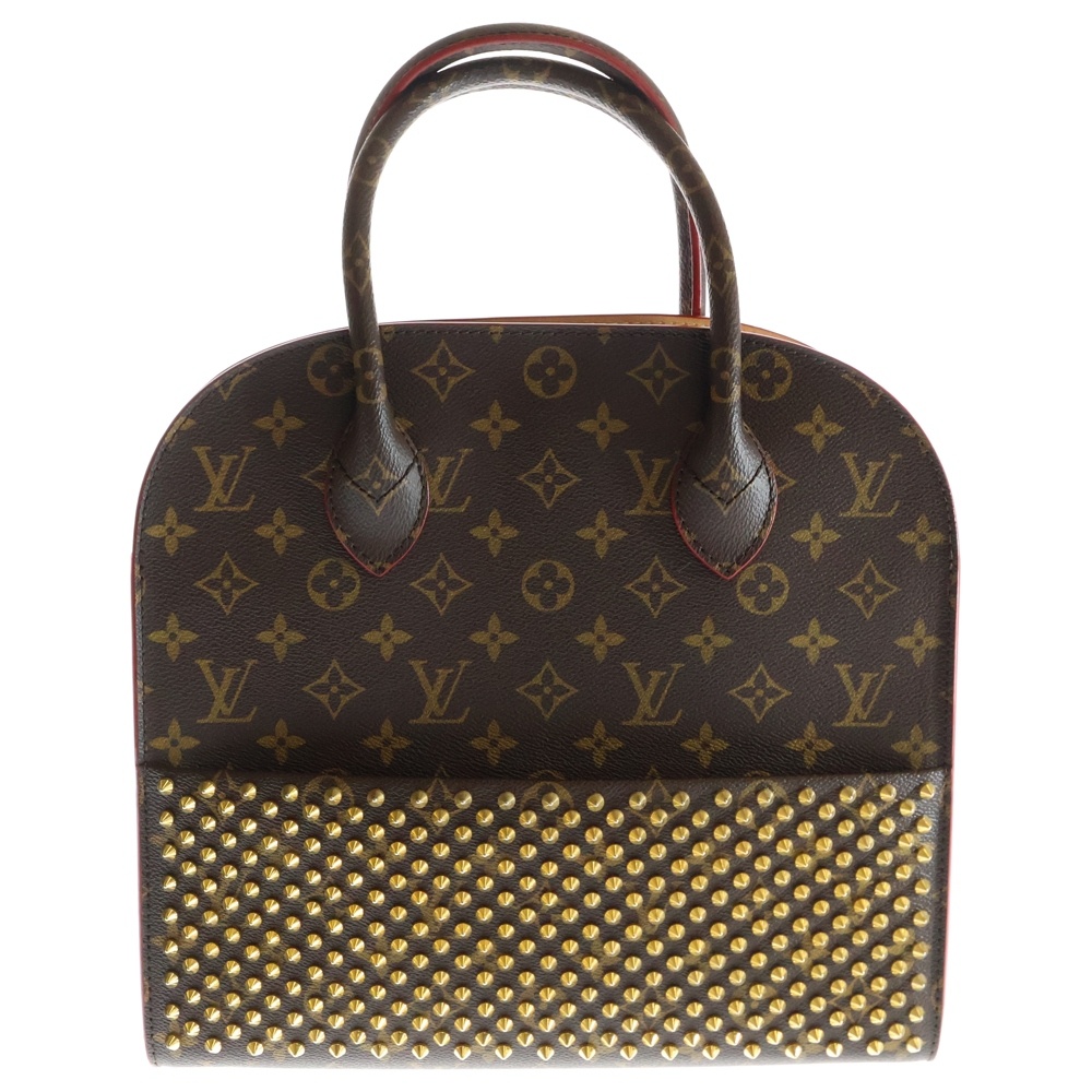 ×Christian Louboutin クリスチャンルブタン モノグラムスタッズ アイコノクラスト ハラコレザーハンドバッグ ブラウン/レッド レディース M41234 Bランク