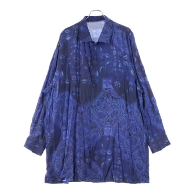 ロングスリーブ 総柄デザイン リネン長袖シャツ ブルー HJ-B79-209 Aランク