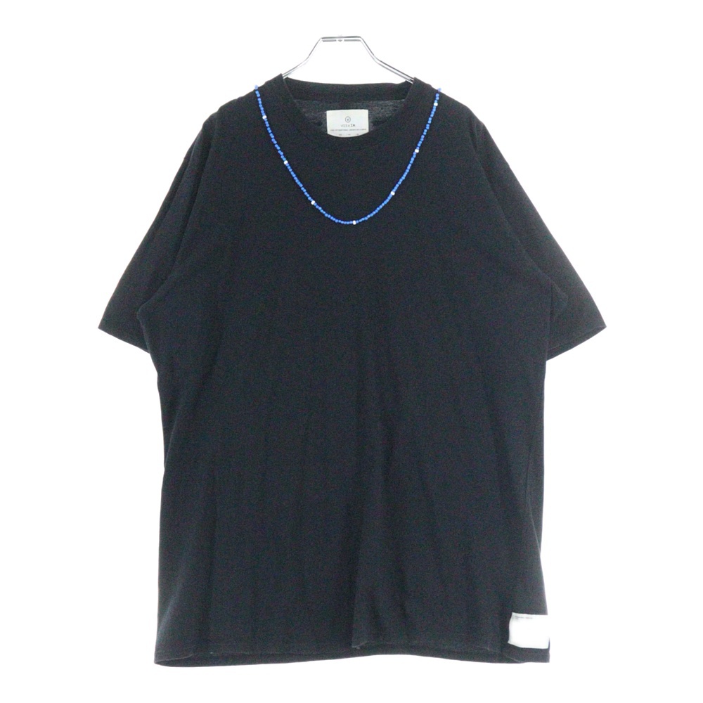00s 初期 ビーズT 青ビーズ ホワイトハーツ ネックレスプリント クルーネック 半袖Tシャツ カットソー ブラック Aランク