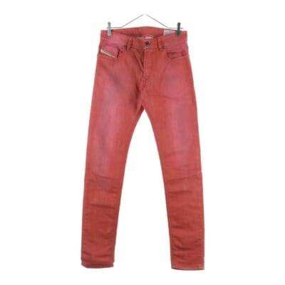 SLEENKER スリムフィット クラッシュ加工 ストレートデニムパンツ ジーンズ レッド Bランク