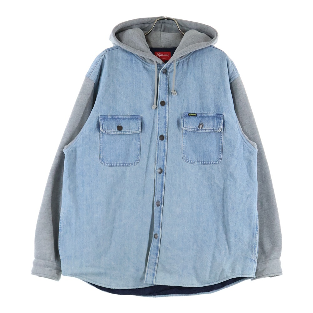 22AW Fleece Hooded Denim Shirt フーディー デニム長袖シャツ スウェットコンビ 裏地キルティング インディゴ/グレー Bランク