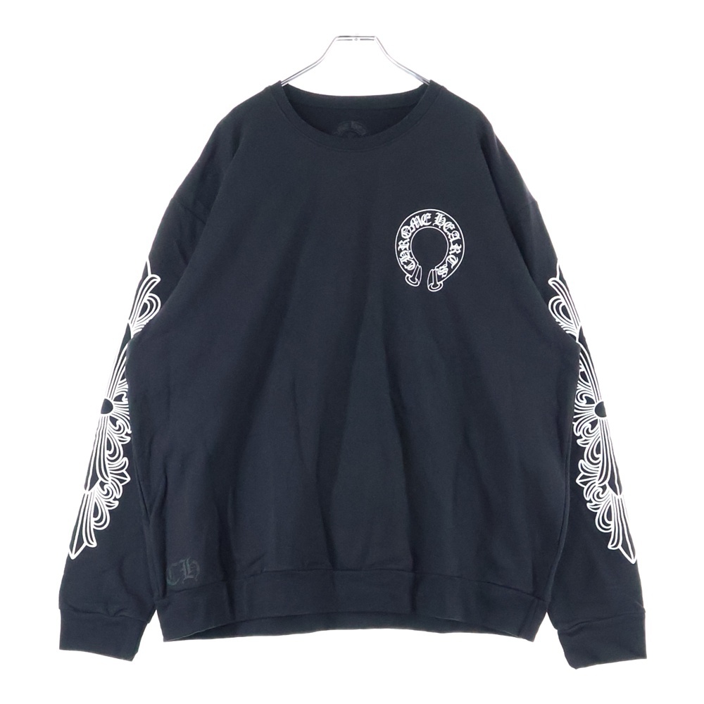 Horseshoe L/S Sweatshirt ホースシュープリント 袖フローラルプリント クルーネックスウェットトレーナー ブラック Sランク