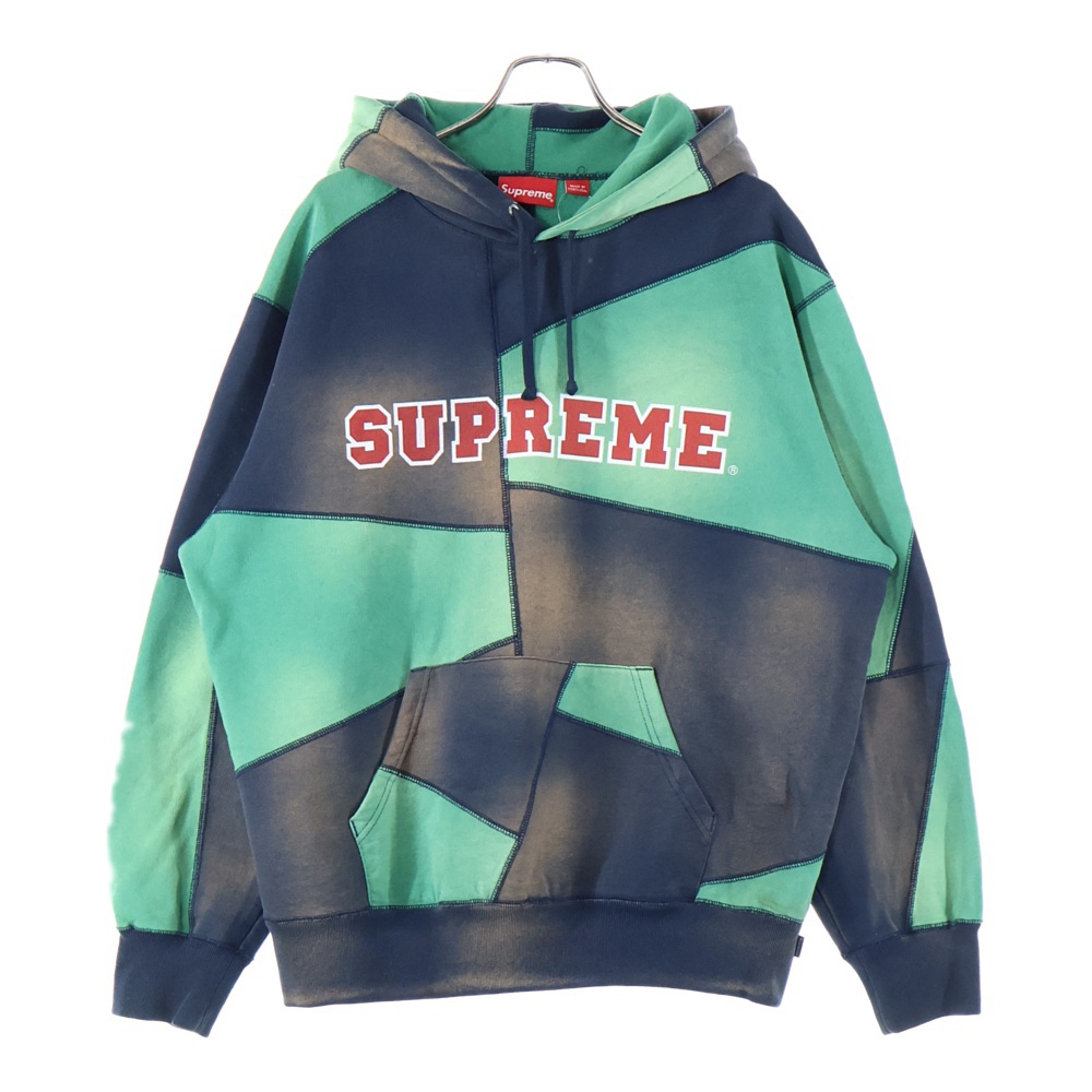 20AW Patchwork Hooded Sweatshirt パッチワーク フロントロゴ フーディプルオーバーパーカー ブラック/グリーン Bランク
