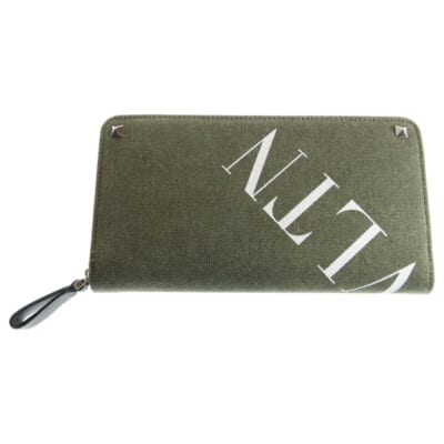 VLTN スタッズ付ラウンドファスナーキャンバスロングウォレット 長財布 カーキ Sランク