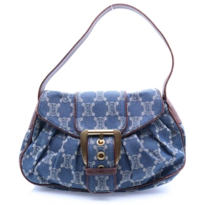 パリ マカダム ワンショルダーバッグ ハンドバッグ ネイビー デニム×レザー ヴィンテージ Bランク