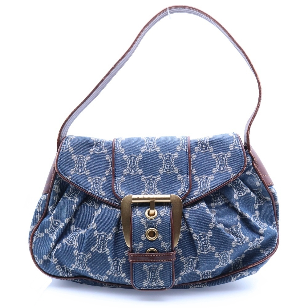 パリ マカダム ワンショルダーバッグ ハンドバッグ ネイビー デニム×レザー ヴィンテージ Bランク