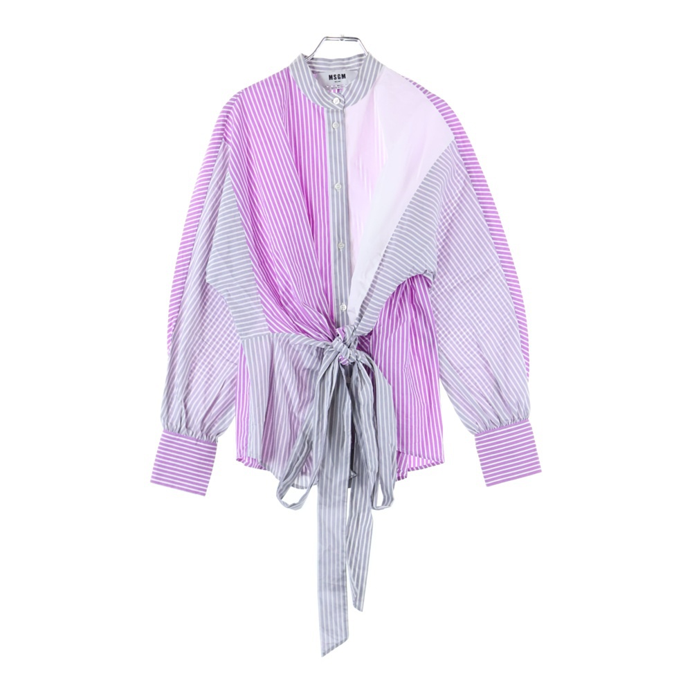 スタンドカラーバイカラー ストライプ リネンシャツ レディース パープル 3041MDE02Y217107-70 Bランク