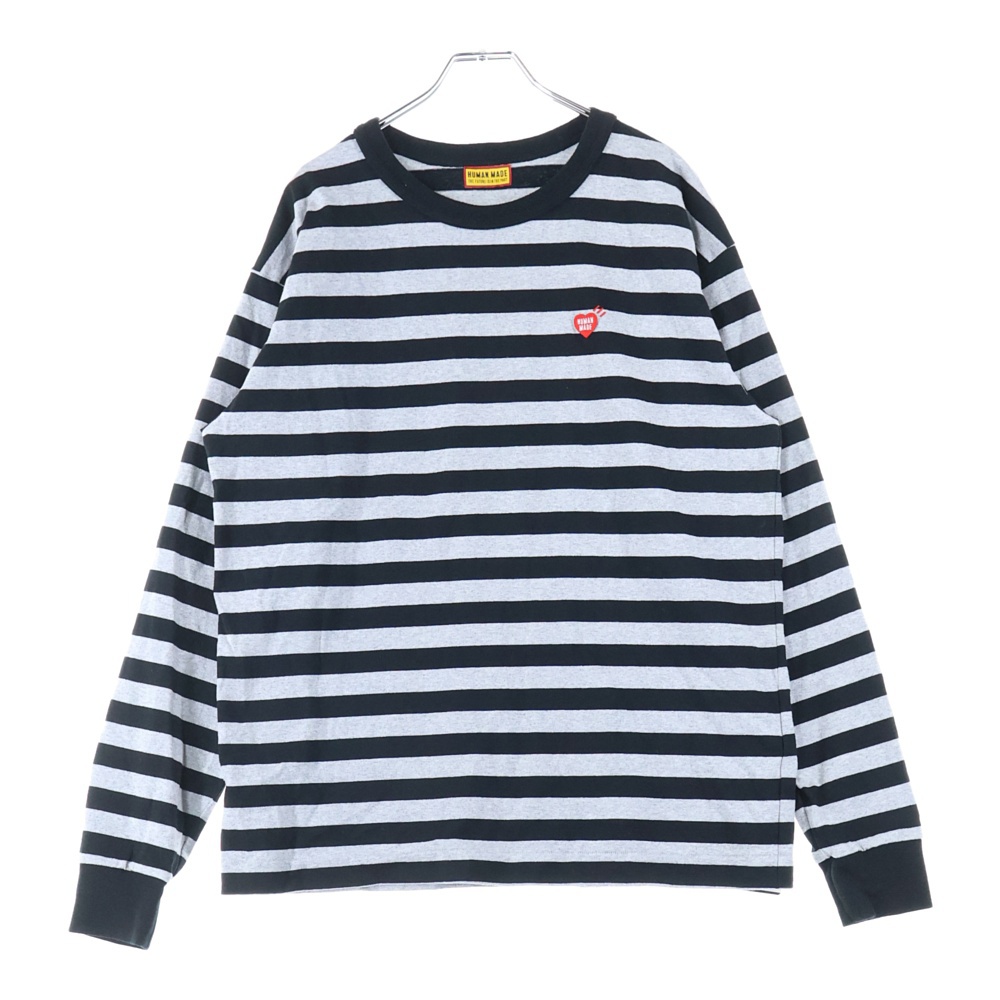 ハート ワッペンロゴ ボーダー 長袖カットソー Tシャツ ブラック/グレー HM29CS039 Bランク