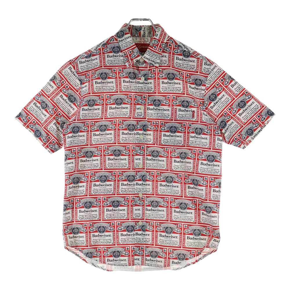 09SS Budweiser shirt バドワイザー 総柄 コットン レギュラーカラー 半袖シャツ ホワイト/レッド Bランク