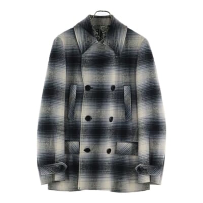 07SS 裏地音符柄 チェックダブルPコート ホワイト/ブラック S07-NJ027 Bランク