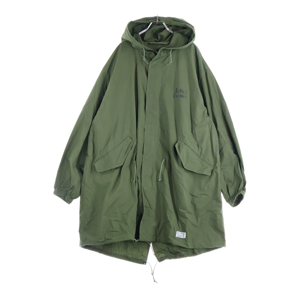 バックロゴプリント ジップアップフーデッドモッズコート カーキ Bランク