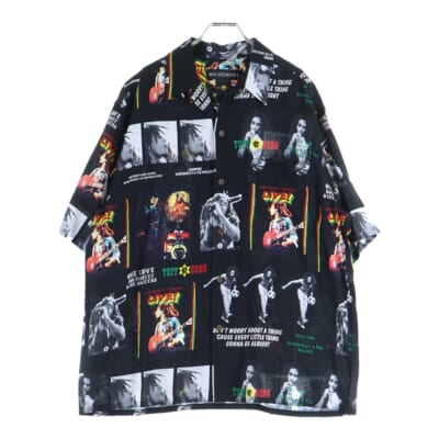 24SS ×BOB MARLEY HAWAIIAN SHIRT TYPE-1 ボブマーリー 総柄プリント 半袖レーヨンハワイアンシャツ ブラック BOBMARLEY-WM-HI09 Bランク