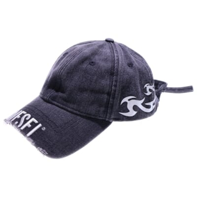 ダメージ加工 ファイアーパターン デニムベースボールキャップ 帽子 ブラック Bランク
