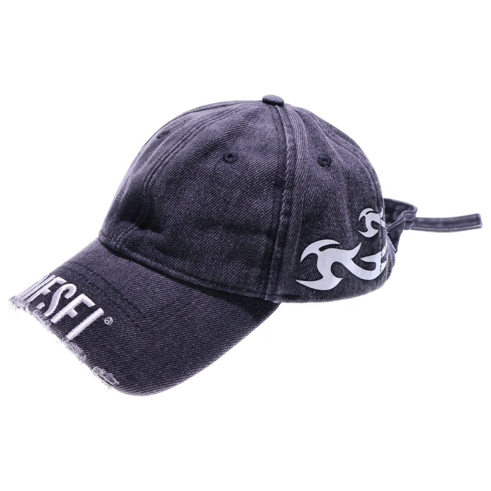 ダメージ加工 ファイアーパターン デニムベースボールキャップ 帽子 ブラック Bランク