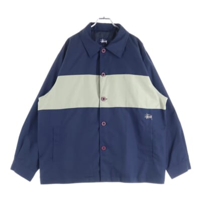 90S VINTAGE ヴィンテージ NYLON JACKET エンブロイダリーロゴデザイン 開襟 長袖シャツ ネイビー Bランク