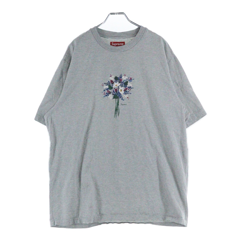 24SS Bouquet S/S Top ブーケ ロゴプリント ボーダー クルーネック半袖Tシャツ カットソー グレー Aランク
