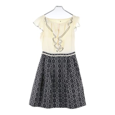 オンワード樫山 刺繍 フラワー総柄スカート切り替え ギャザースリーブ フリルデザイン ミディアムワンピース ホワイト/ブラック レディース Bランク