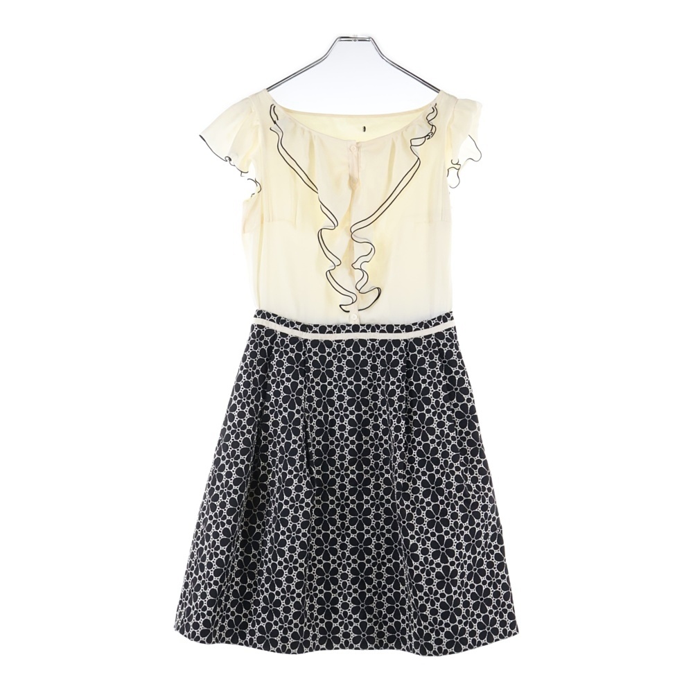 オンワード樫山 刺繍 フラワー総柄スカート切り替え ギャザースリーブ フリルデザイン ミディアムワンピース ホワイト/ブラック レディース Bランク