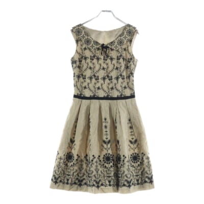 刺繍 フラワー総柄 キュプラコットン ノースリーブ ミディアムワンピース ドレス ベージュ レディース Bランク