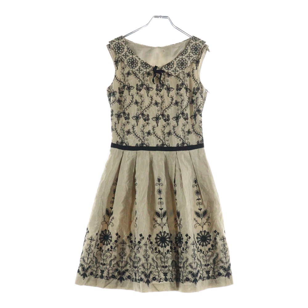 刺繍 フラワー総柄 キュプラコットン ノースリーブ ミディアムワンピース ドレス ベージュ レディース Bランク