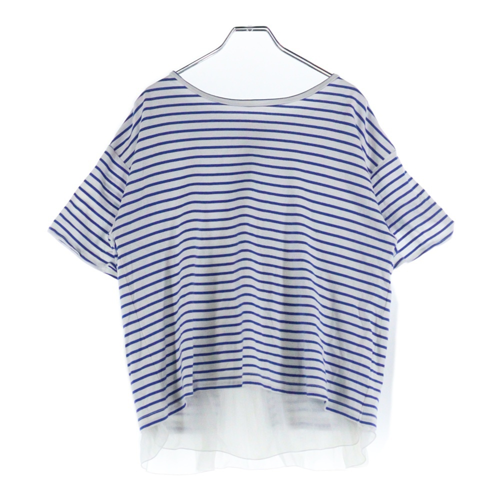 マリンボーダー総柄 バックスリット シアープリーツ レイヤード 半袖Tシャツ カットソー ホワイト/ブルー レディース Bランク