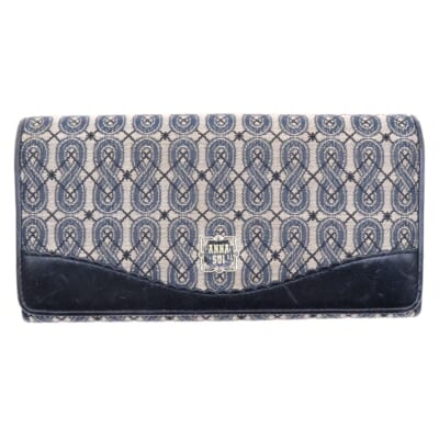 ロングウォレット 長財布 カードケース ブラック×ベージュ レザー×キャンバス シルバー金具 Bランク