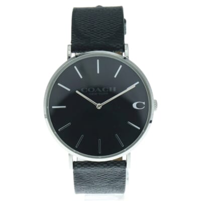 黒文字盤 クォーツウォッチ レザーベルト 腕時計 ブラック/シルバー Bランク