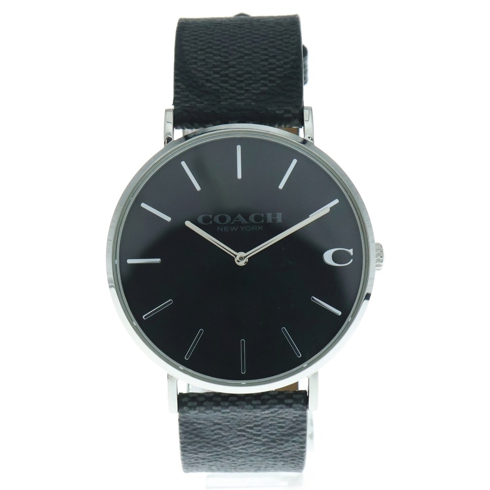 黒文字盤 クォーツウォッチ レザーベルト 腕時計 ブラック/シルバー Bランク