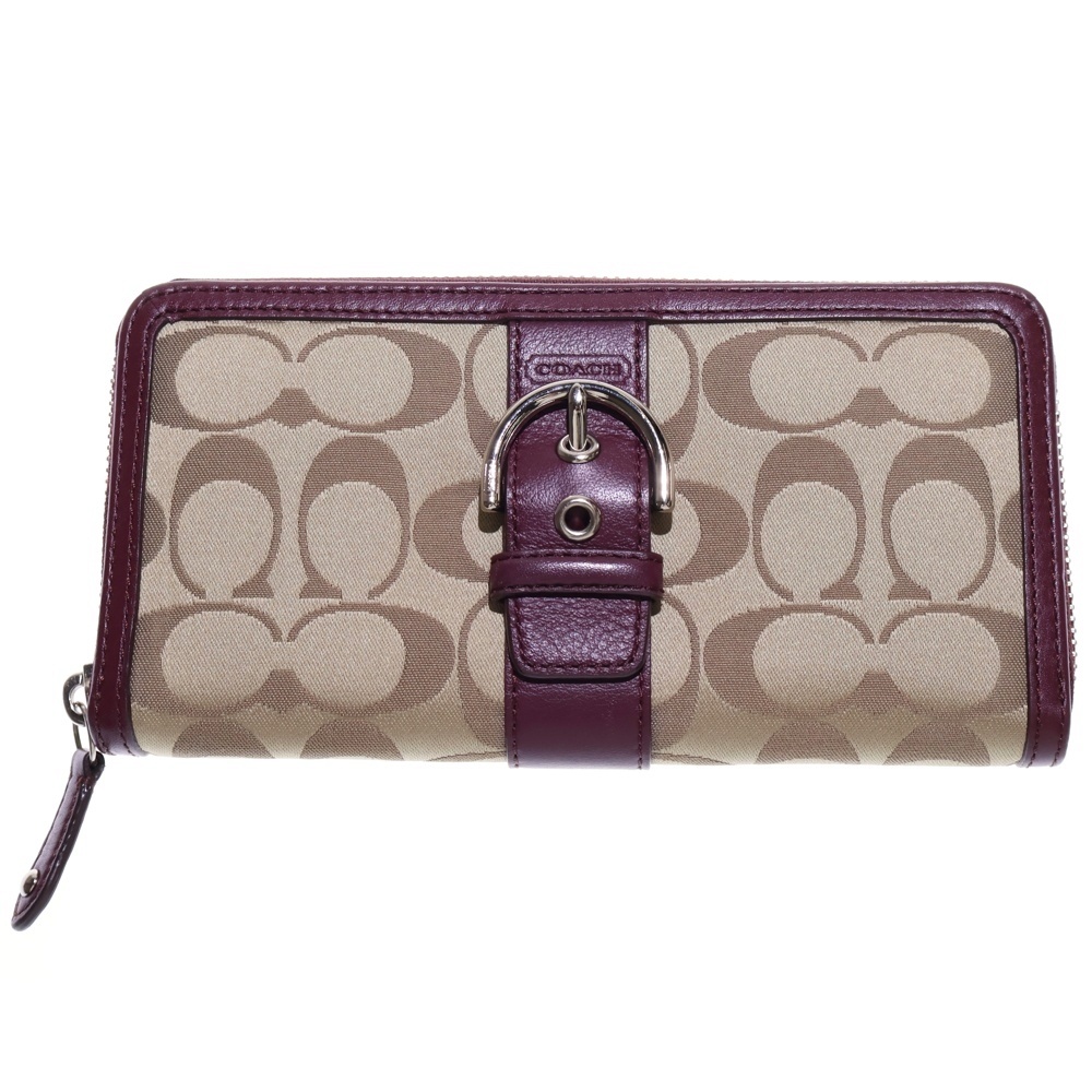 シグネチャー ラウンドファスナー 長財布 ロングウォレット カードケース ワインレッド×ベージュ シルバー金具 キャンバス×レザー レディース Bランク