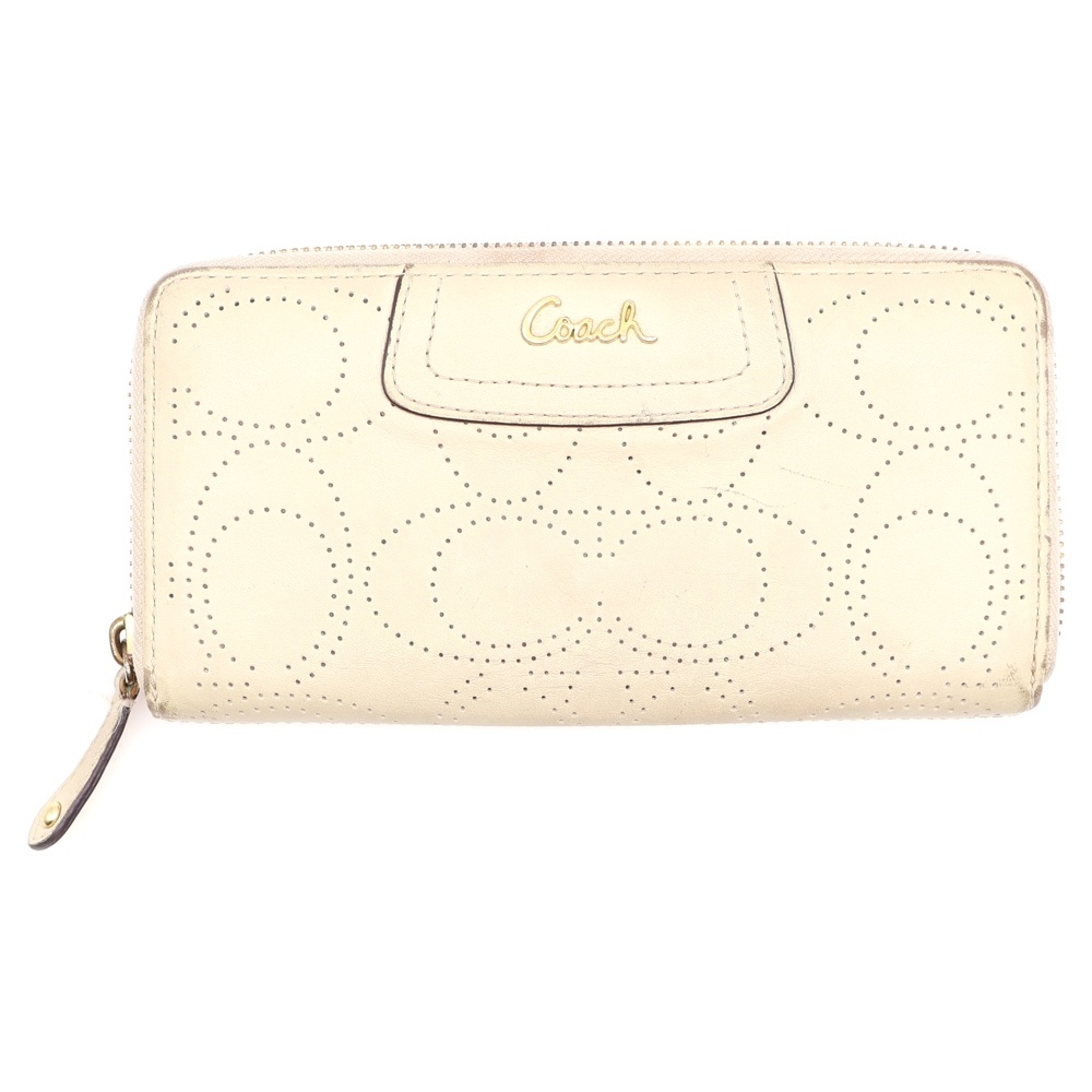 シグネチャー パンチング ラウンドファスナー 長財布 ロングウォレット カードケース アイボリー レザー Bランク