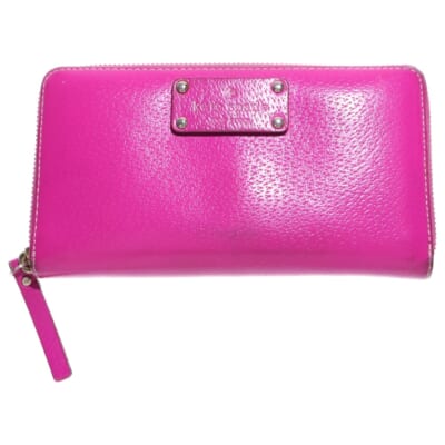 ホワイトステッチ ラウンドファスナー長財布 ロングウォレット カードケース ピンクパープル ゴールド金具 レザー レディース Bランク