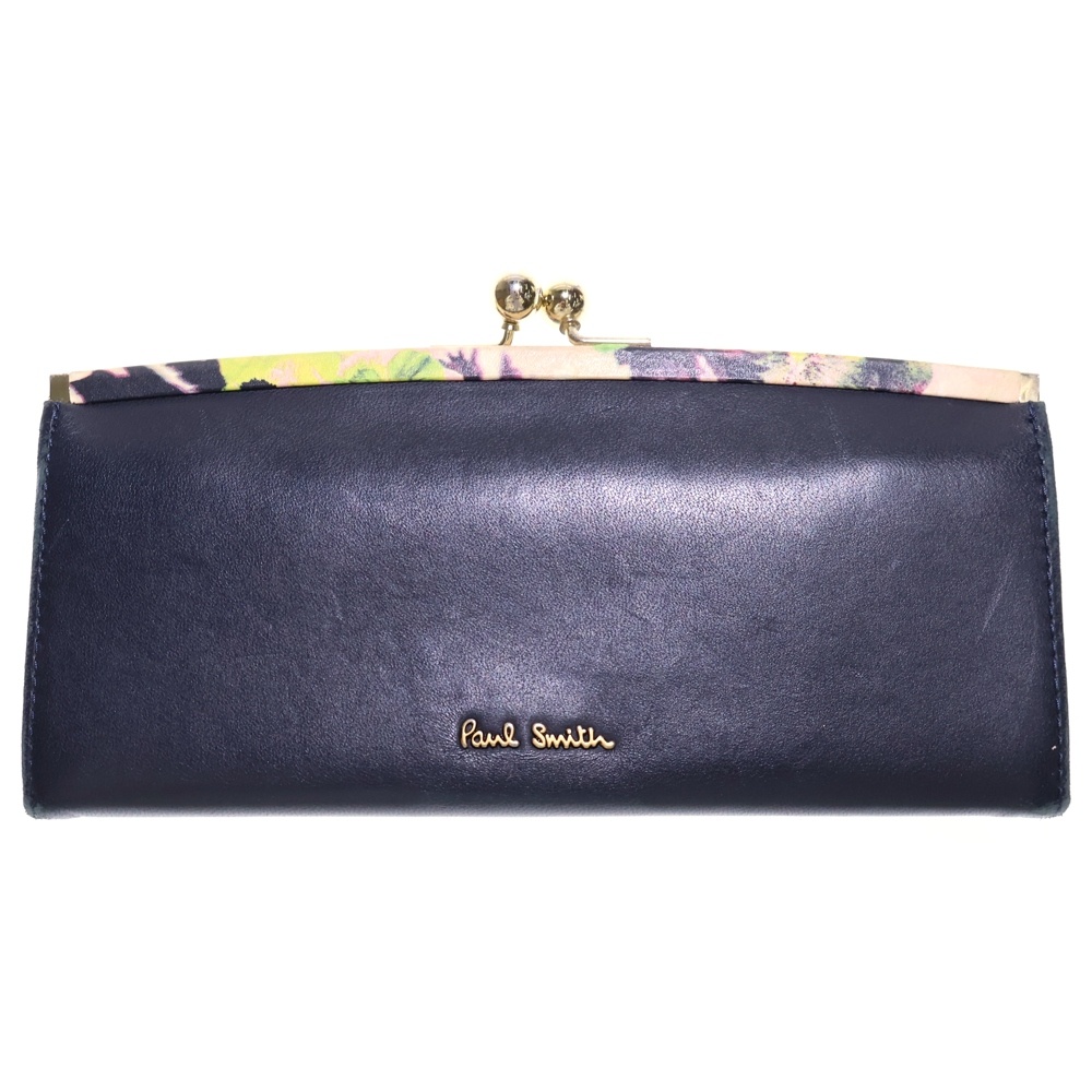 がま口長財布 ロングウォレット ゴールド金具 ネイビー レザー レディース Bランク