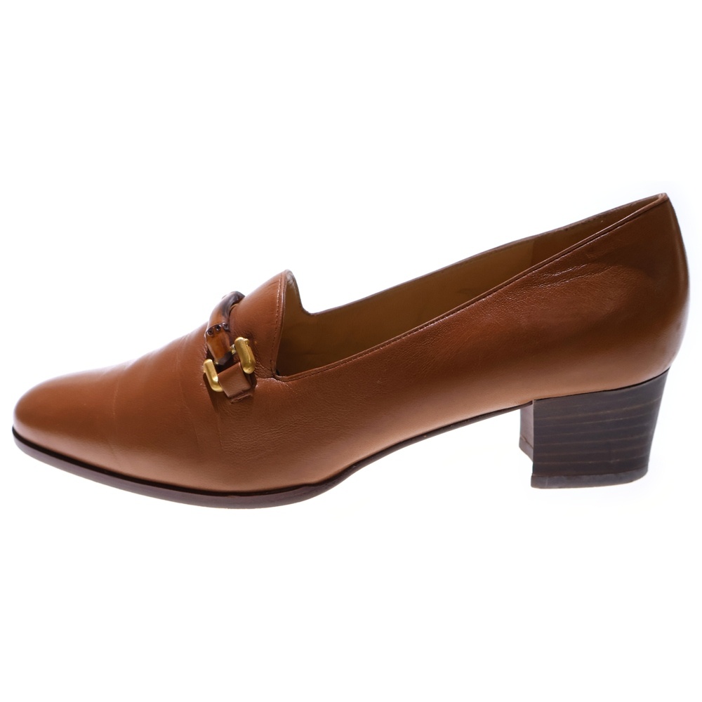 バンブー ヒールローファー シューズ ブラウン レザー ゴールド金具 Bランク