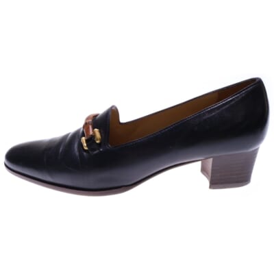 バンブー ヒールローファー シューズ ブラック レザー ゴールド金具 Bランク