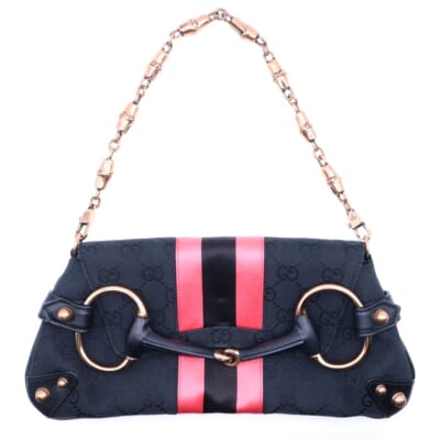 GGキャンバス ホースビット チェーンショルダーバッグ ハンドバッグ ブラック×ピンク 限定配色 129497 Bランク