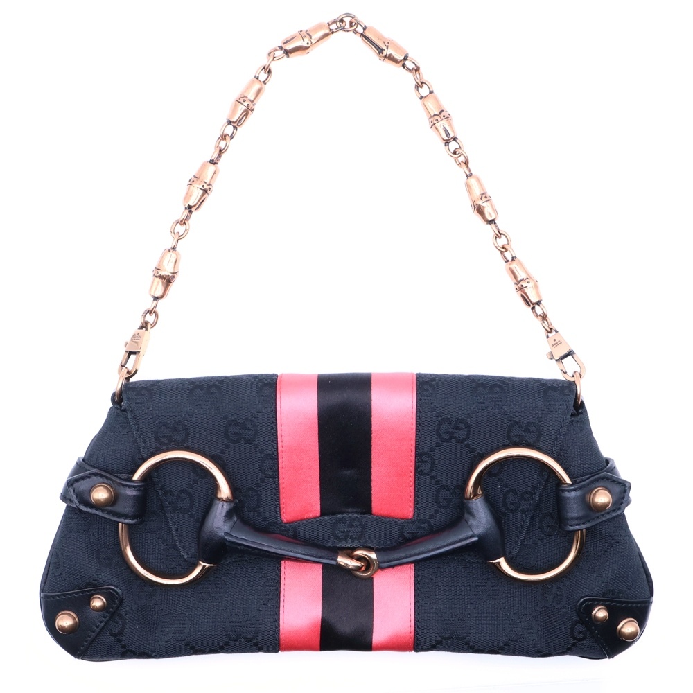 GGキャンバス ホースビット チェーンショルダーバッグ ハンドバッグ ブラック×ピンク 限定配色 129497 Bランク
