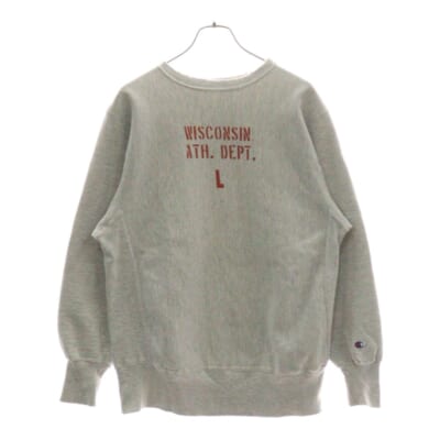 90's Reverse Weave WISCONSIN ATH DEPT リバースウィーブ 刺繍タグ前期 三段染み込みプリント スウェットクルーネック トレーナー グレー Bランク