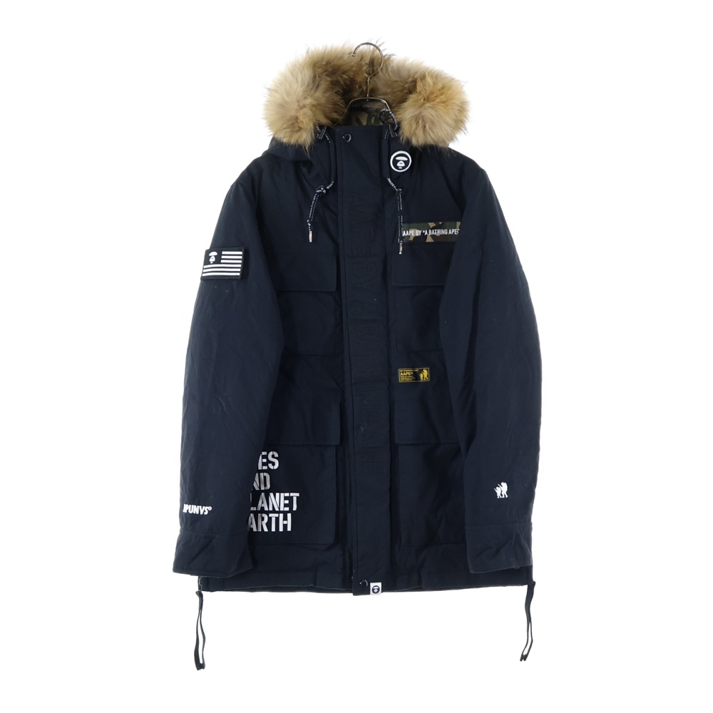 フロントロゴ刺繍 ファーフーデッド ジップアップダウンジャケット ブラック AAPPDNM7233XXB Bランク