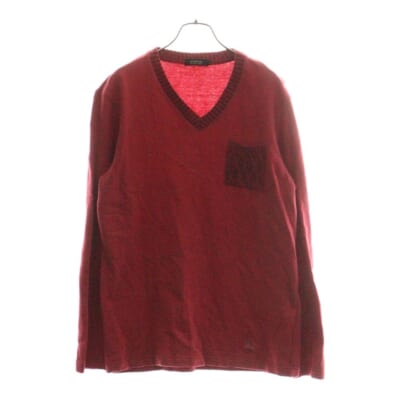 ニットポケットデザイン フロントワンポイントロゴ刺繍 VネックロングスリーブTシャツカットソー ロンT レッド D1P02-501-14 Bランク