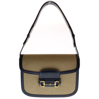 GGスプリーム ホースビット ショルダーバッグ ベージュ×ネイビー PVC×レザー 602204 Aランク