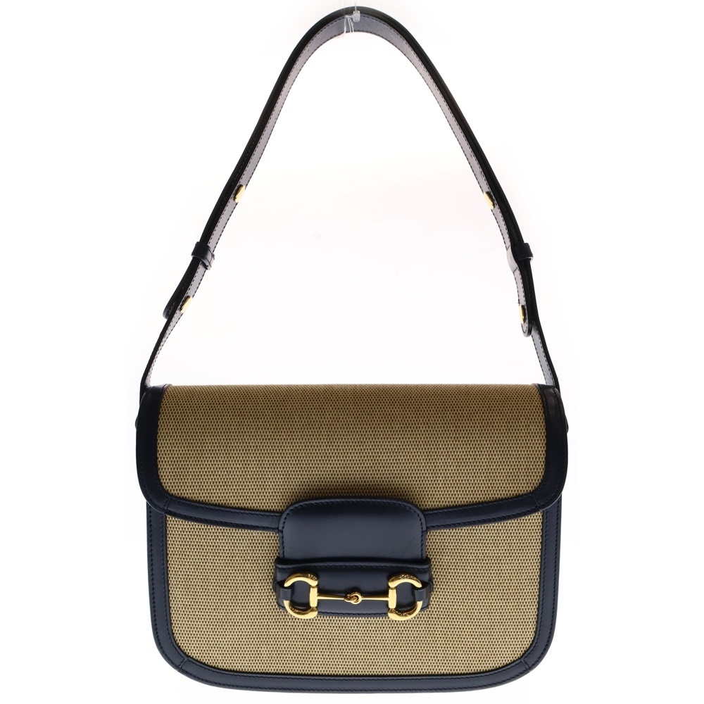 GGスプリーム ホースビット ショルダーバッグ ベージュ×ネイビー PVC×レザー 602204 Aランク